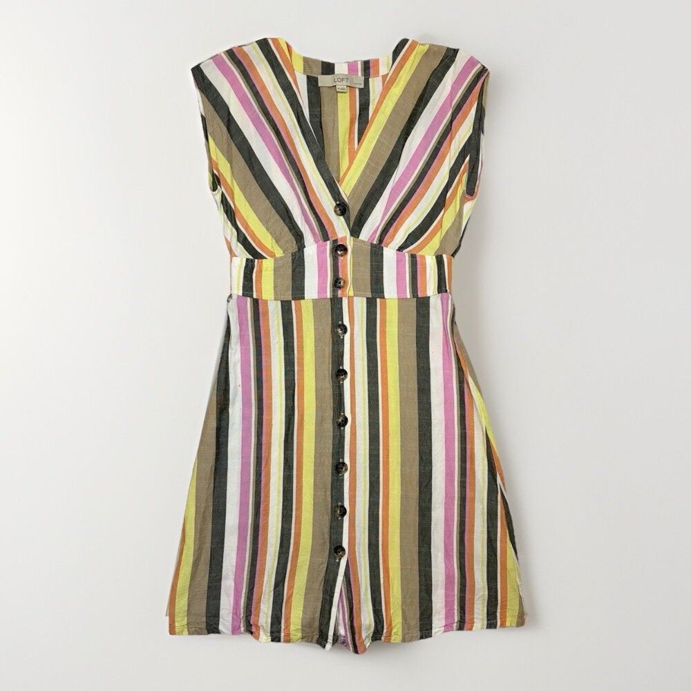 LOFT Multicolor Vertical Stripe Sleeveless Button V-Neck Woven Viscose Dress 0P